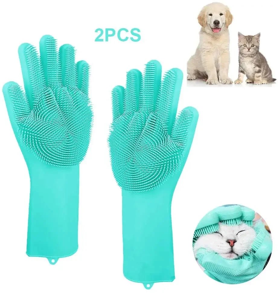 Pet Grooming Cleaning Gloves: Dog Cat Bathing Shampoo Glove Scrubber with Magic Dishwashing Cleaner Sponge Silicon Hair Removal Glove - #pawlife