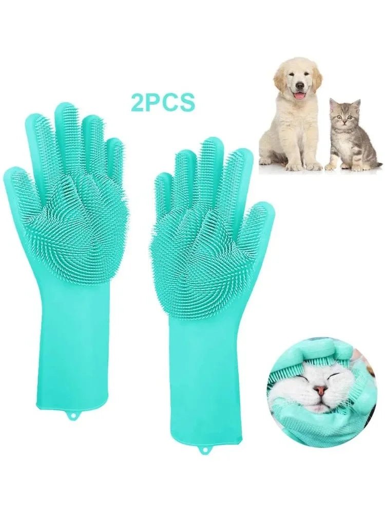 Pet Grooming Cleaning Gloves: Dog Cat Bathing Shampoo Glove Scrubber with Magic Dishwashing Cleaner Sponge Silicon Hair Removal Glove - #pawlife