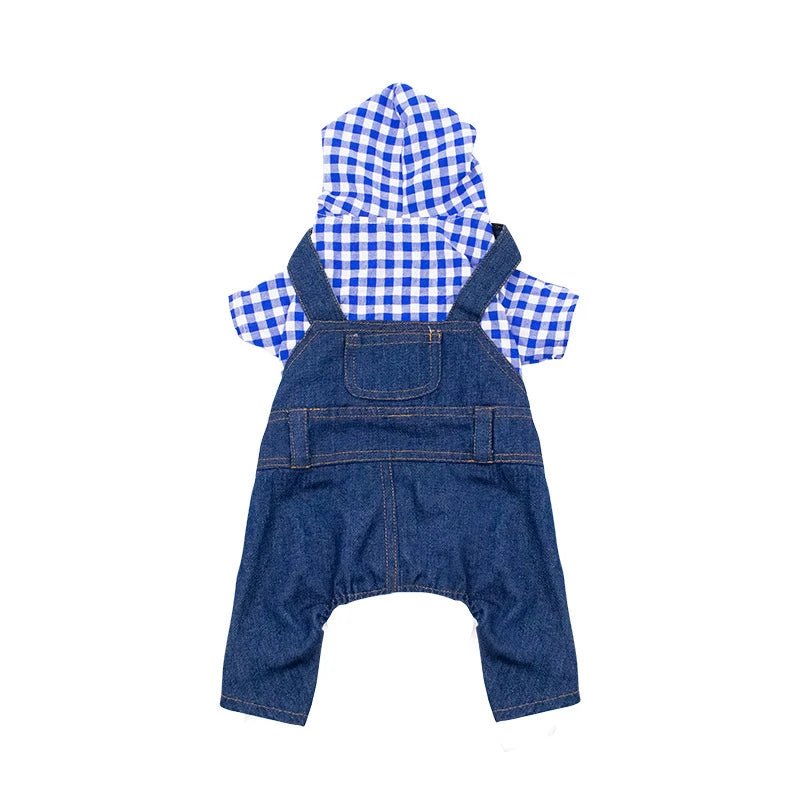 Striped Plaid Jean Jumpsuit Hoodies: Stylish Pet Costume for Small to Medium Dogs like Chihuahuas, French Bulldogs, and Puppies - #pawlife