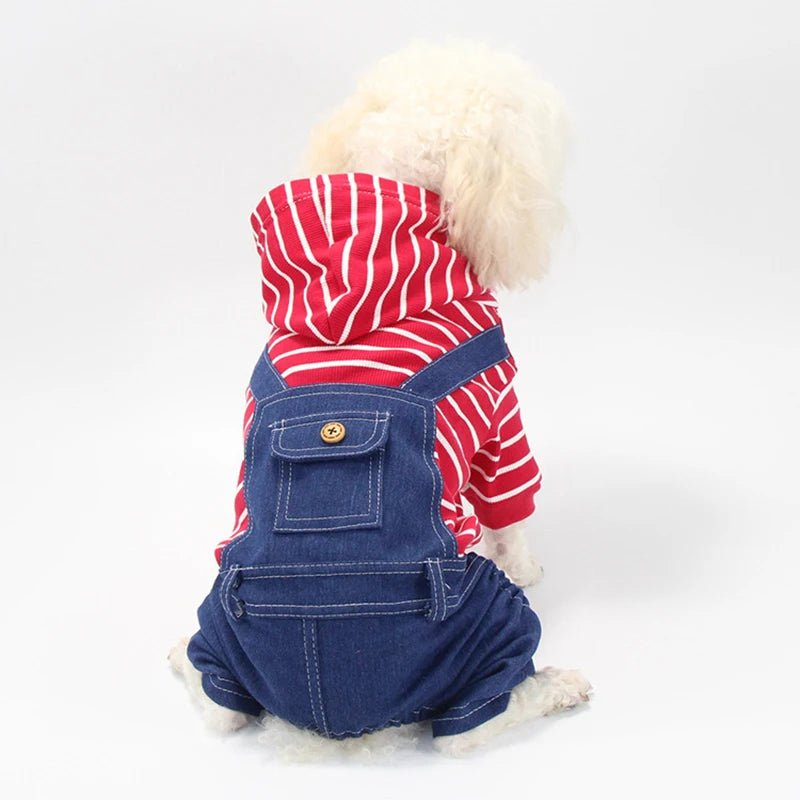 Striped Plaid Jean Jumpsuit Hoodies: Stylish Pet Costume for Small to Medium Dogs like Chihuahuas, French Bulldogs, and Puppies - #pawlife