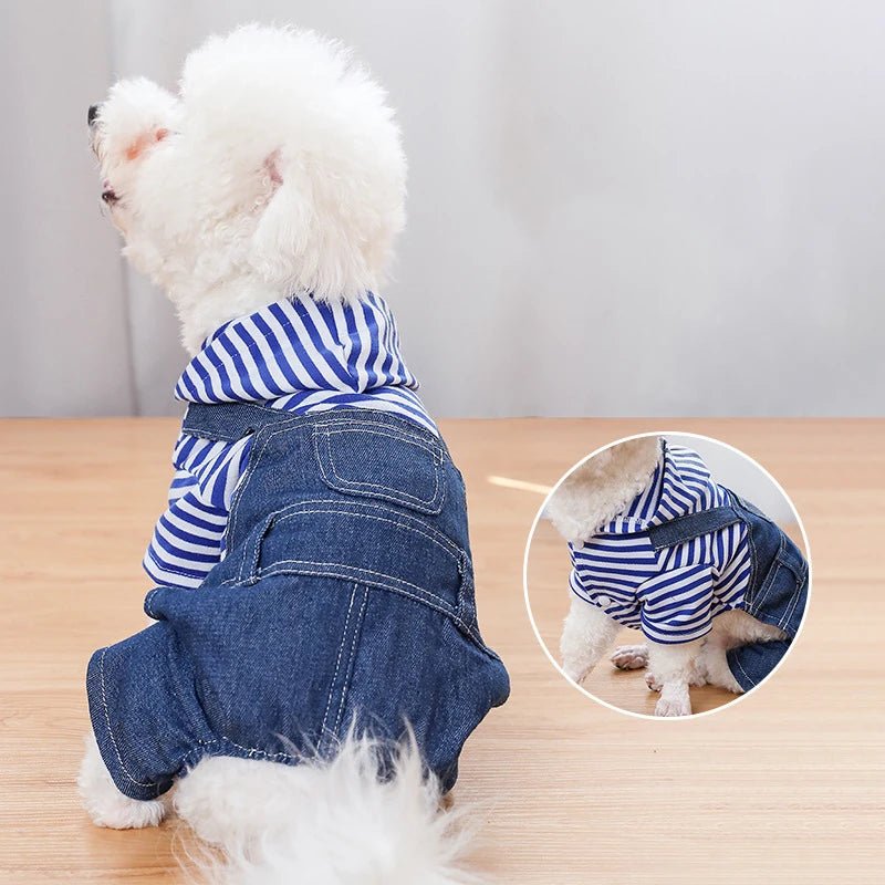 Striped Plaid Jean Jumpsuit Hoodies: Stylish Pet Costume for Small to Medium Dogs like Chihuahuas, French Bulldogs, and Puppies - #pawlife