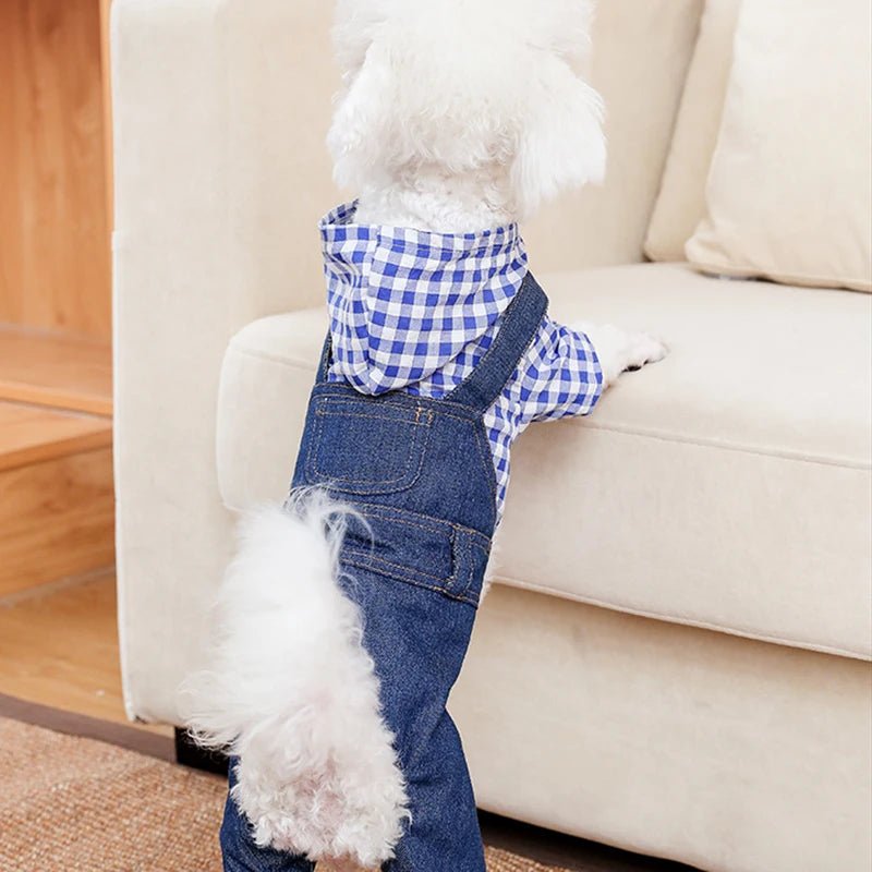 Striped Plaid Jean Jumpsuit Hoodies: Stylish Pet Costume for Small to Medium Dogs like Chihuahuas, French Bulldogs, and Puppies - #pawlife